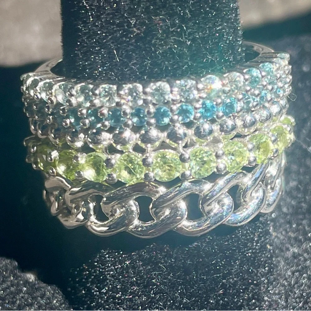 Gems En Vogue - Sterling Silver Gemstone & Curb Link Four-Row Wide Band Ring. 8. - Picture 3 of 6